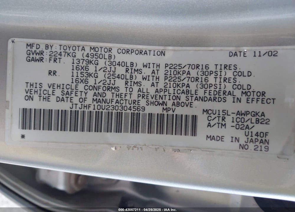 2003 LEXUS RX 300 VIN: JTJHF10U230304569