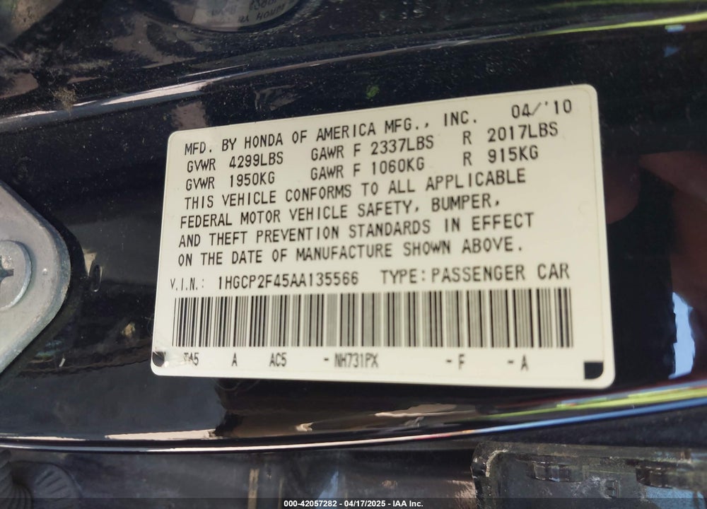 2010 HONDA ACCORD VIN: 1HGCP2F45AA135566
