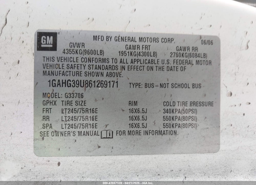 2006 CHEVROLET EXPRESS G3500 VIN: 1GAHG39U861269171