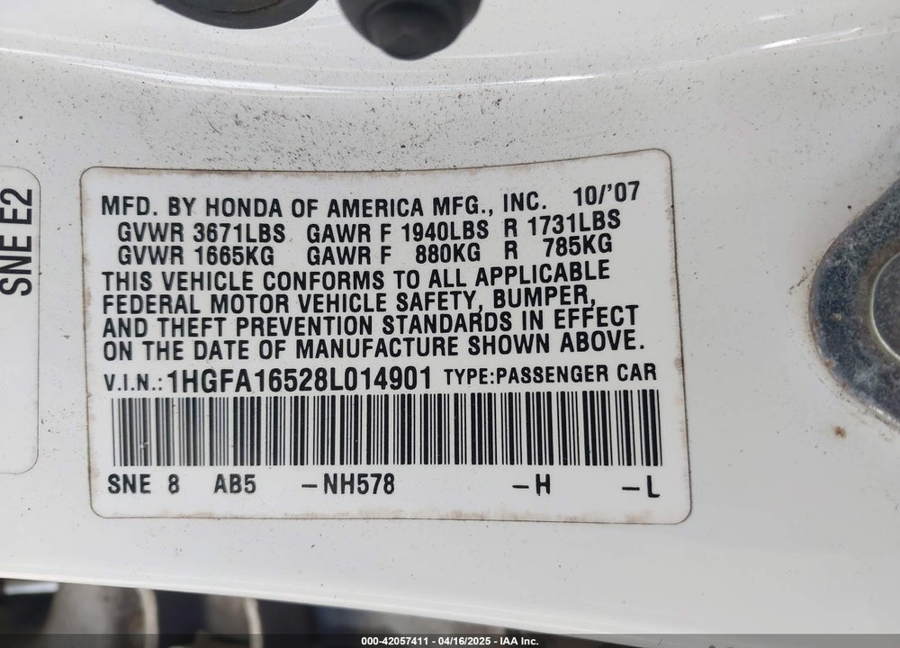 2008 HONDA CIVIC LX VIN: 1HGFA16528L014901