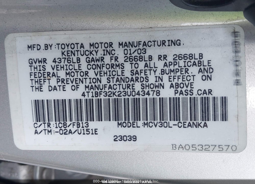 2003 TOYOTA CAMRY LE VIN: 4T1BF32K23U043478