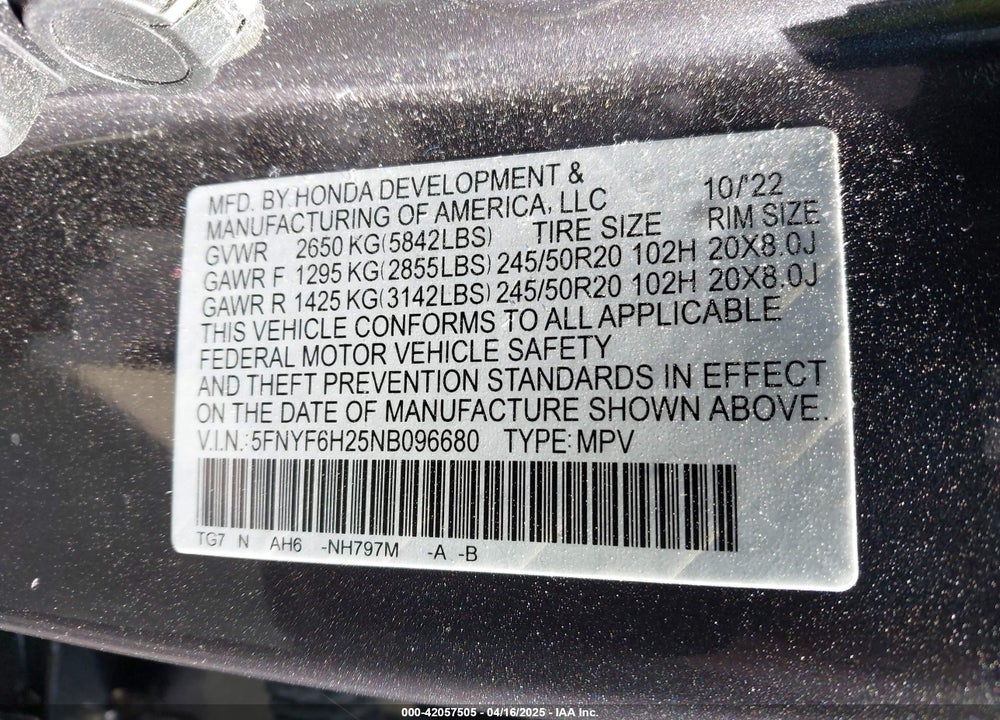 2022 HONDA PILOT VIN: 5FNYF6H25NB096680