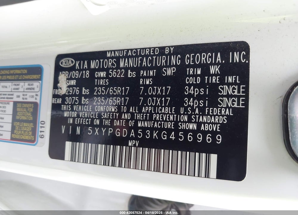 2019 KIA SORENTO VIN: 5XYPGDA53KG456969