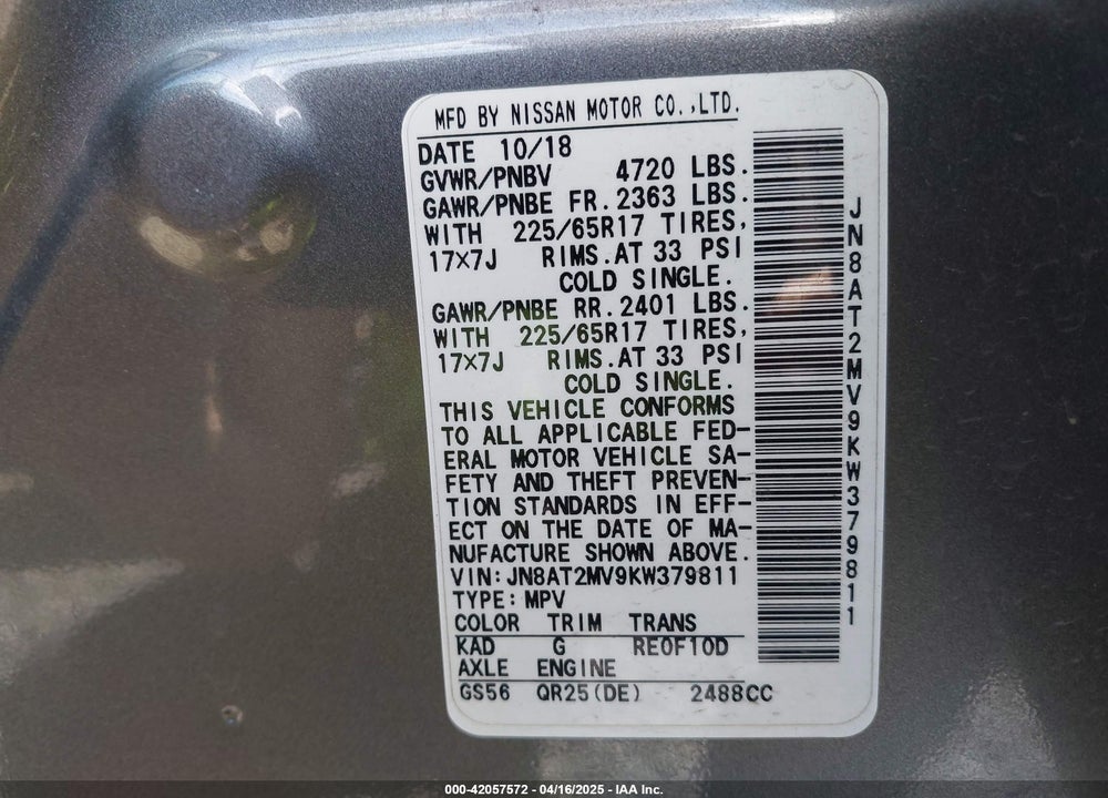 2019 NISSAN ROGUE SV VIN: JN8AT2MV9KW379811