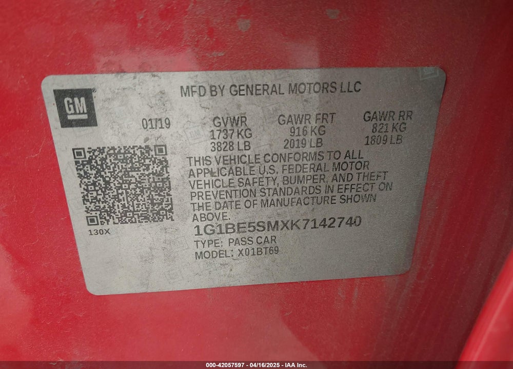 2019 CHEVROLET CRUZE VIN: 1G1BE5SMXK7142740
