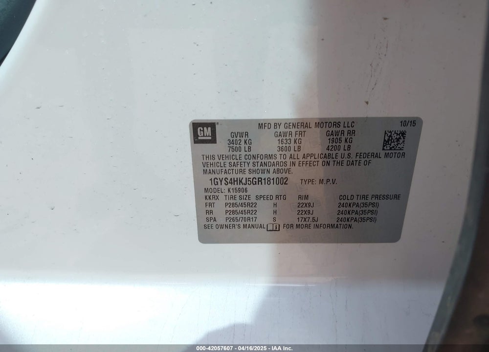 2016 CADILLAC ESCALADE ESV VIN: 1GYS4HKJ5GR181002