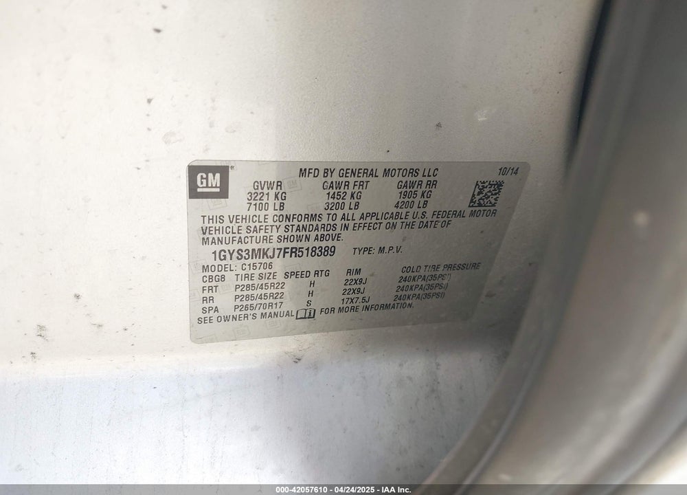 2015 CADILLAC ESCALADE VIN: 1GYS3MKJ7FR518389