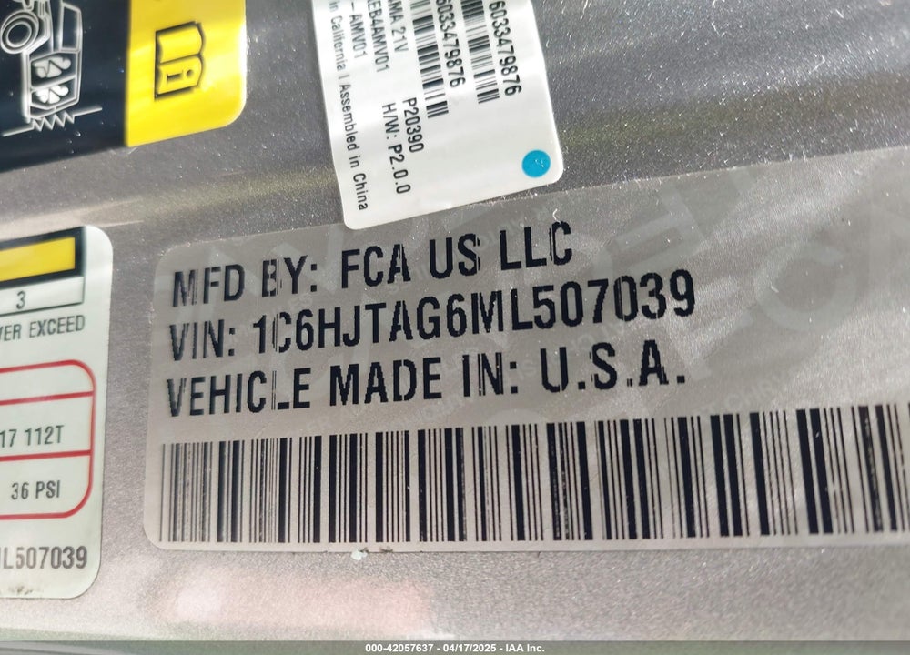 2021 JEEP GLADIATOR SPORT S 4X4 VIN: 1C6HJTAG6ML507039