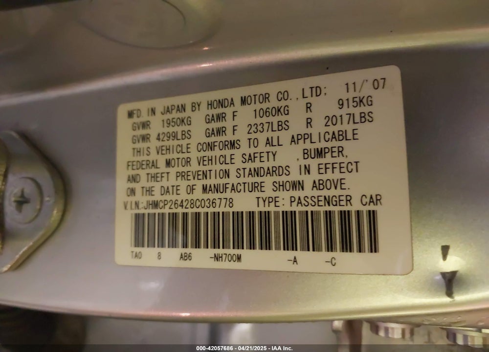 2008 HONDA ACCORD 2.4 LX-P VIN: JHMCP26428C036778