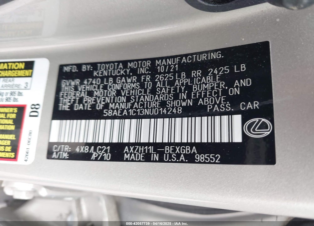 2022 LEXUS ES 300H LUXURY VIN: 58AEA1C13NU014248
