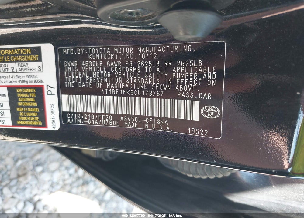 2012 TOYOTA CAMRY VIN: 4T1BF1FK6CU178767
