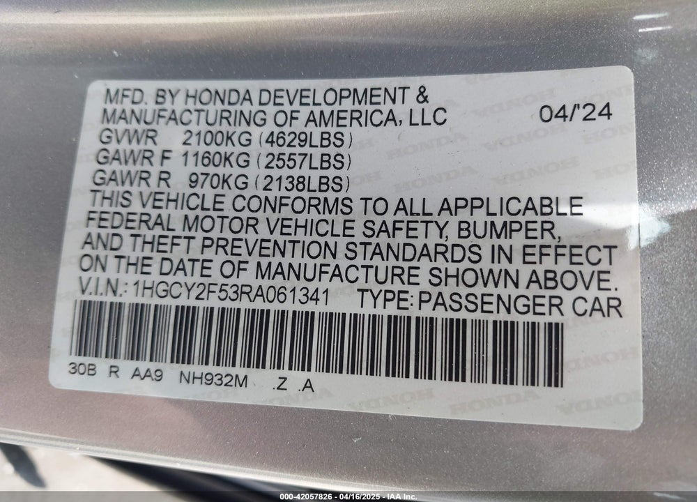 2024 HONDA ACCORD HYBRID SPORT VIN: 1HGCY2F53RA061341