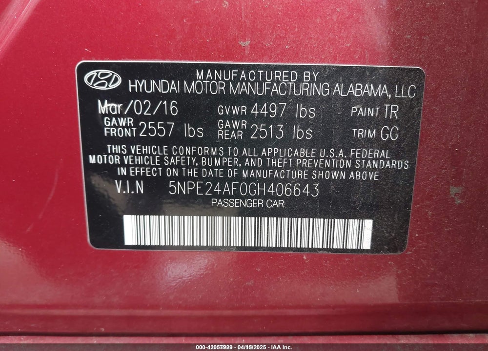 2016 HYUNDAI SONATA VIN: 5NPE24AF0GH406643