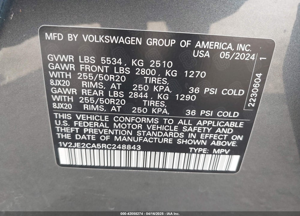 2024 VOLKSWAGEN ATLAS CROSS SPORT VIN: 1V2JE2CA5RC248843