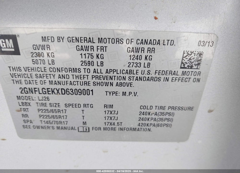 2013 CHEVROLET EQUINOX LTZ VIN: 2GNFLGEKXD6309001