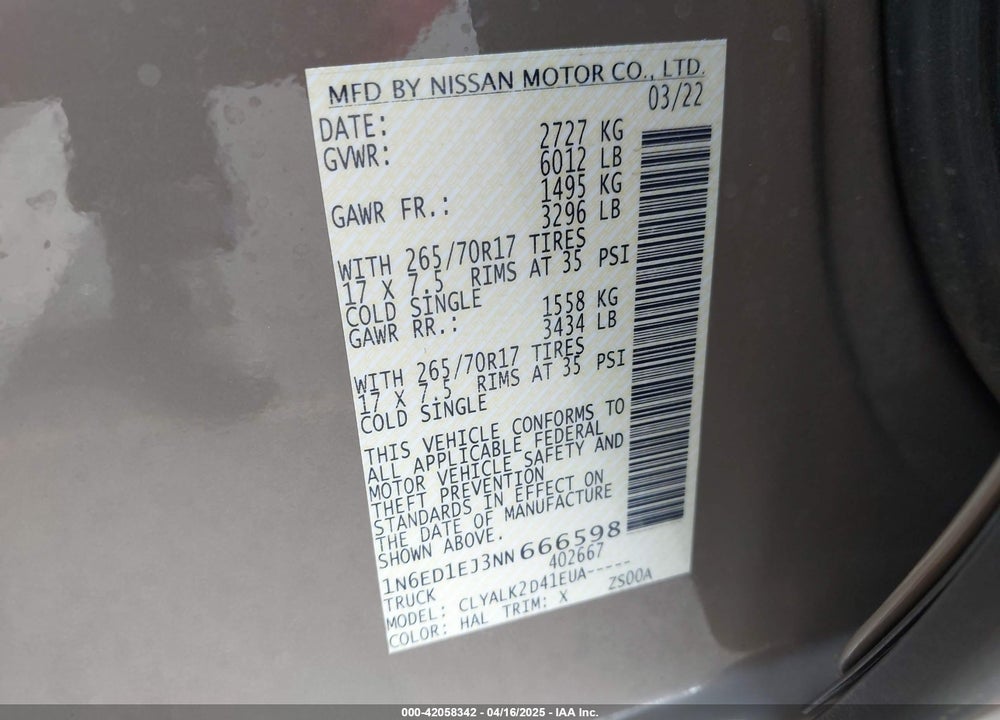 2022 NISSAN FRONTIER VIN: 1N6ED1EJ3NN666598
