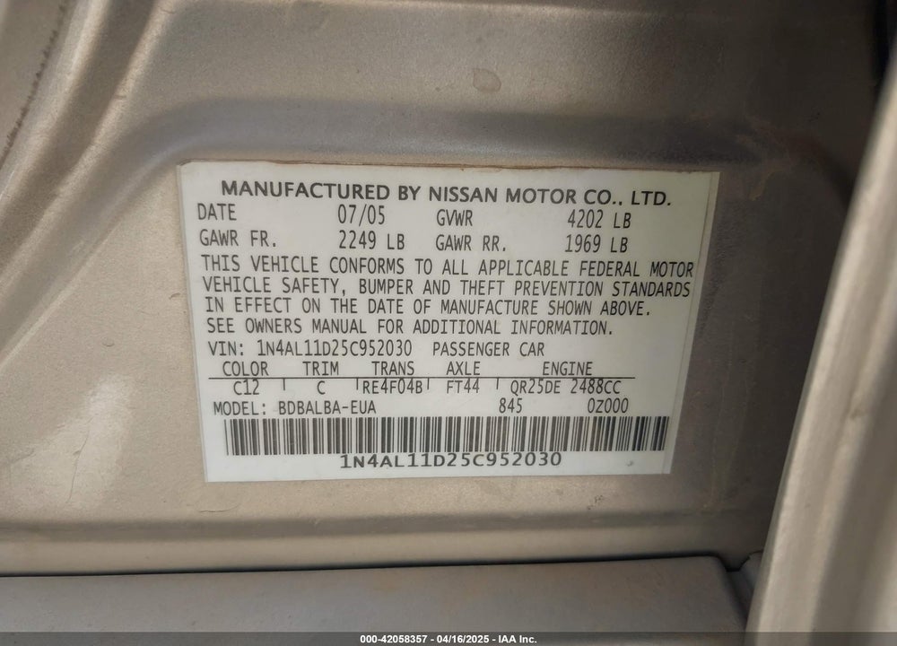2005 NISSAN ALTIMA VIN: 1N4AL11D25C952030