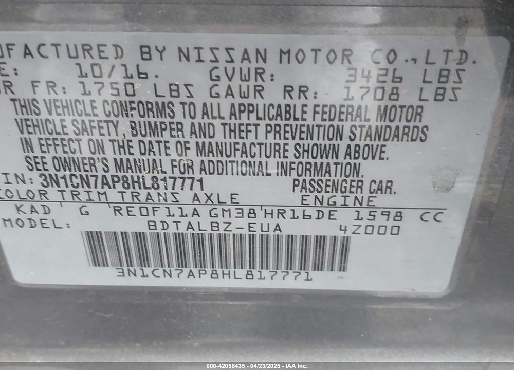 2017 NISSAN VERSA VIN: 3N1CN7AP8HL817771