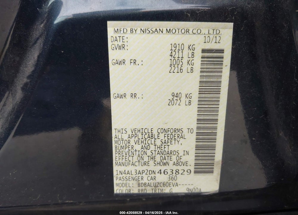 2013 NISSAN ALTIMA VIN: 1N4AL3AP2DN463829