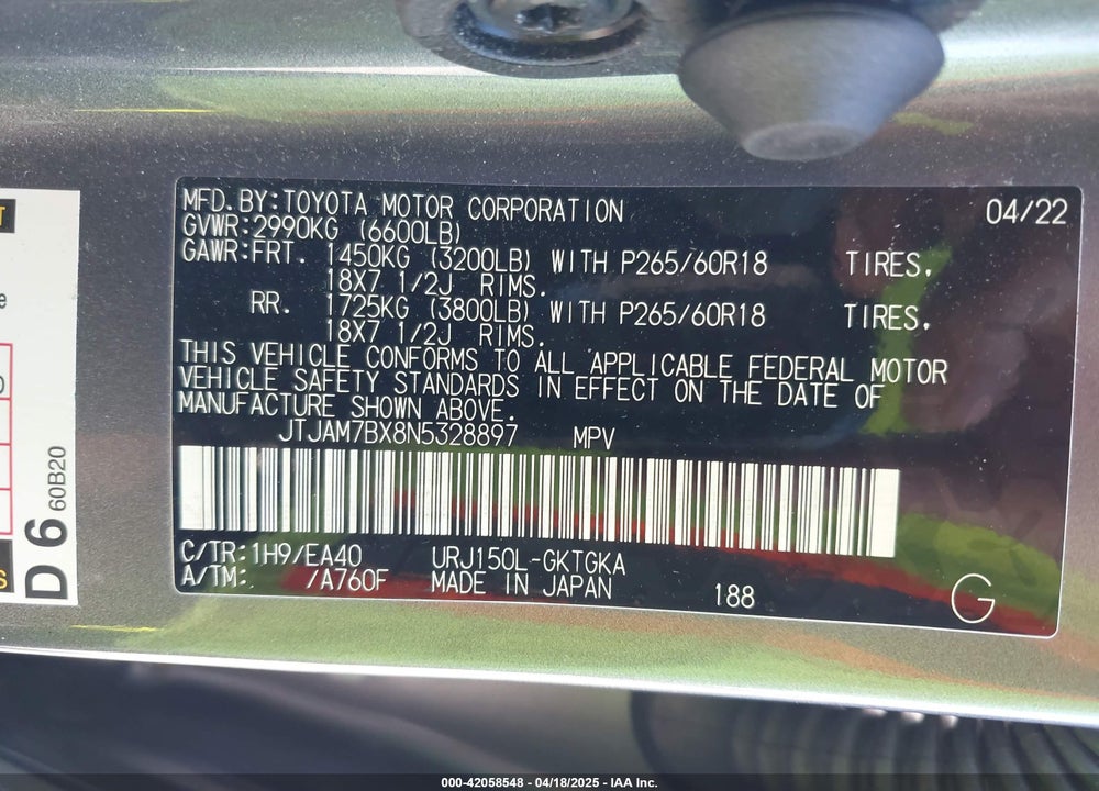 2022 LEXUS GX 460 PREMIUM VIN: JTJAM7BX8N5328897
