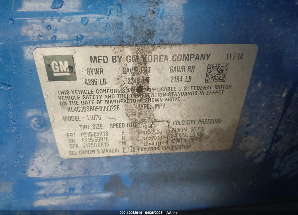 2015 BUICK ENCORE CONVENIENCE VIN: KL4CJBSB0FB093226