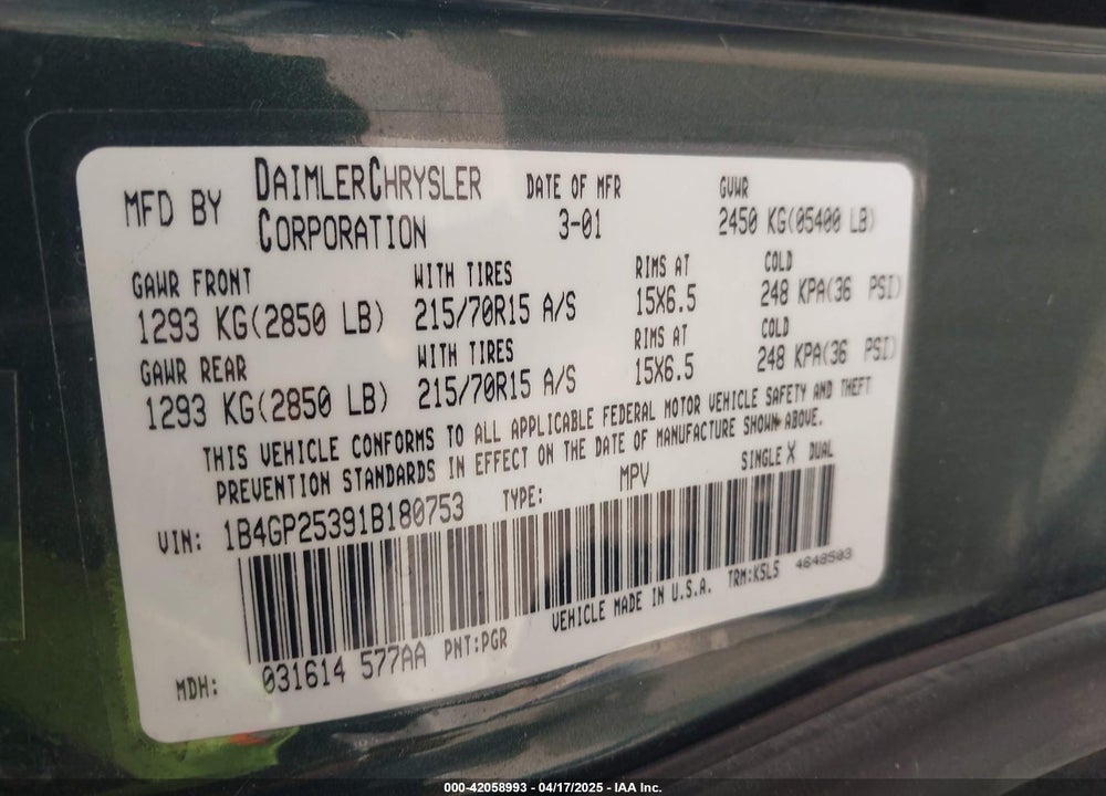 2001 DODGE CARAVAN SE VIN: 1B4GP25391B180753