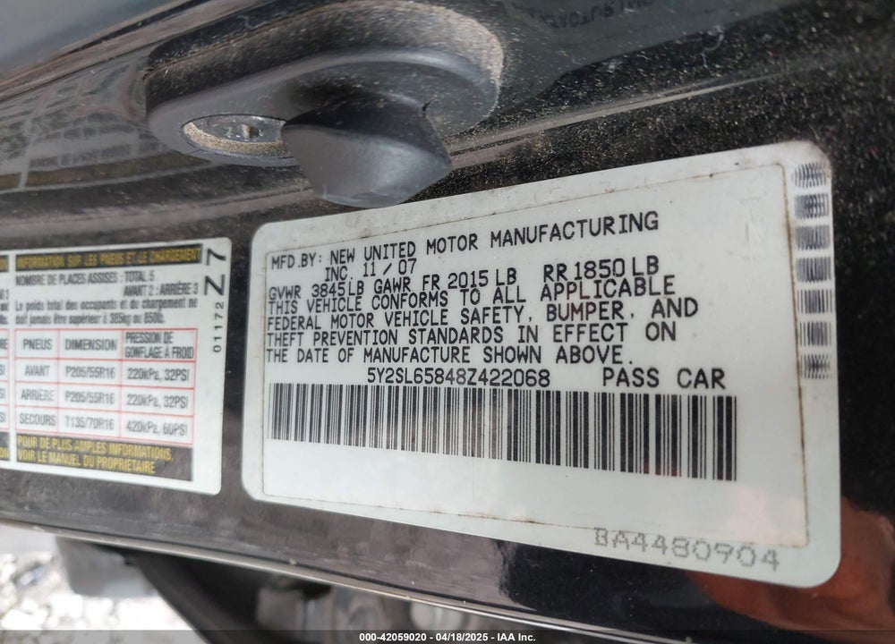 2008 PONTIAC VIBE VIN: 5Y2SL65848Z422068