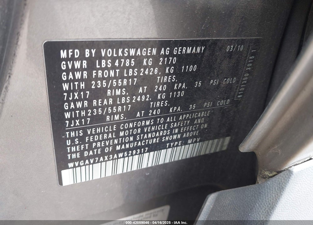 2010 VOLKSWAGEN TIGUAN WOLFSBURG EDITION VIN: WVGAV7AX3AW529317