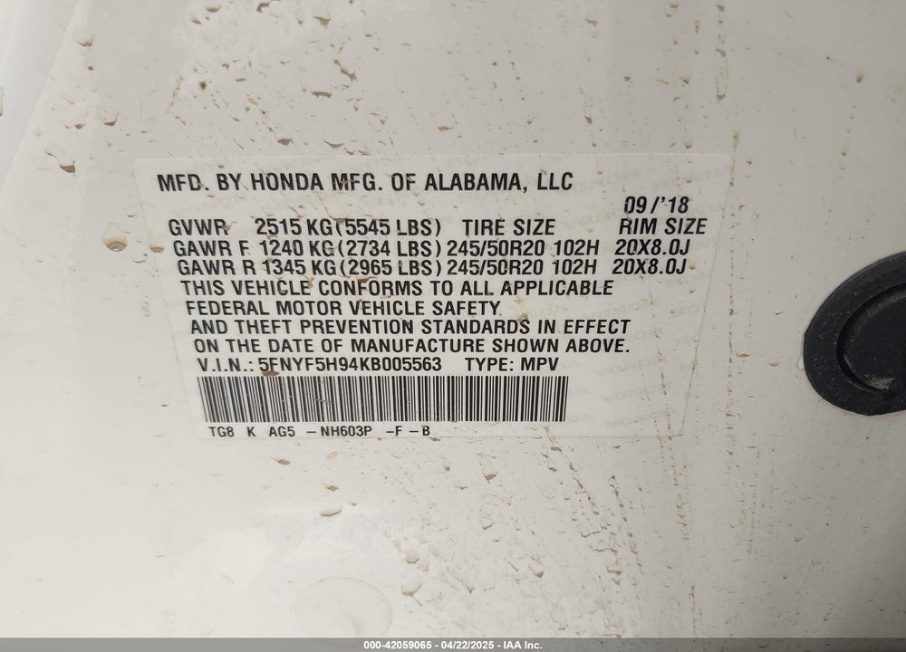 2019 HONDA PILOT TOURING VIN: 5FNYF5H94KB005563