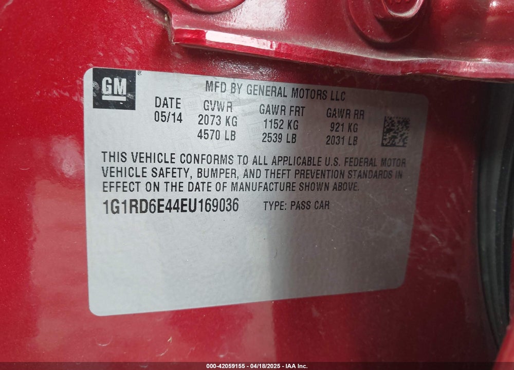 2014 CHEVROLET VOLT VIN: 1G1RD6E44EU169036