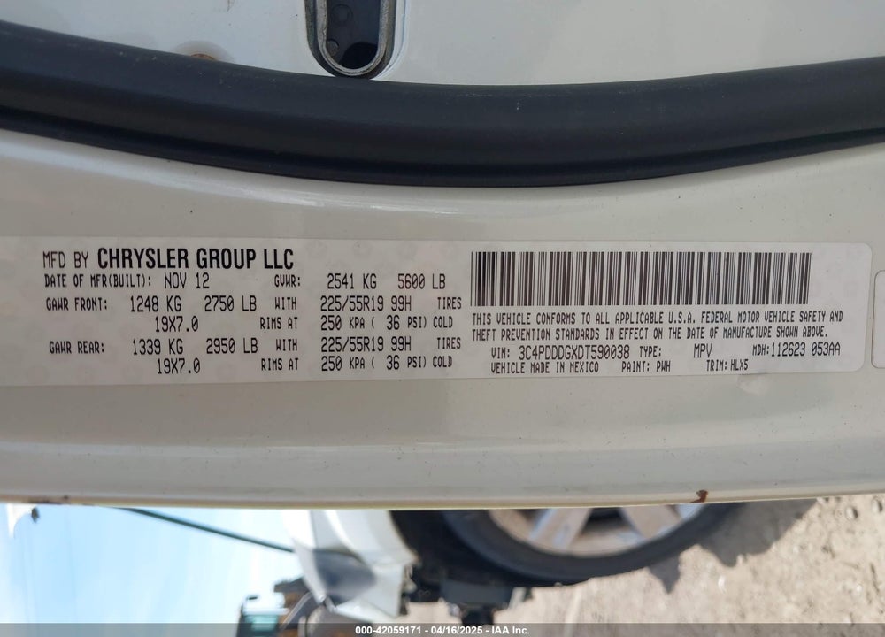 2013 DODGE JOURNEY VIN: 3C4PDDDGXDT590038