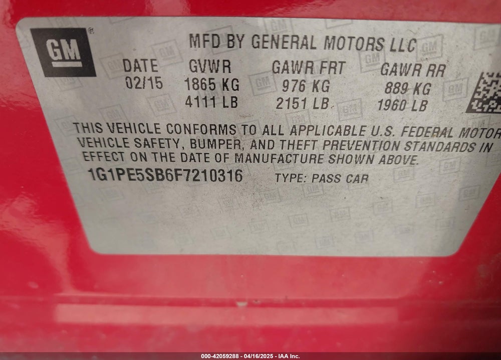 2015 CHEVROLET CRUZE 2LT AUTO VIN: 1G1PE5SB6F7210316