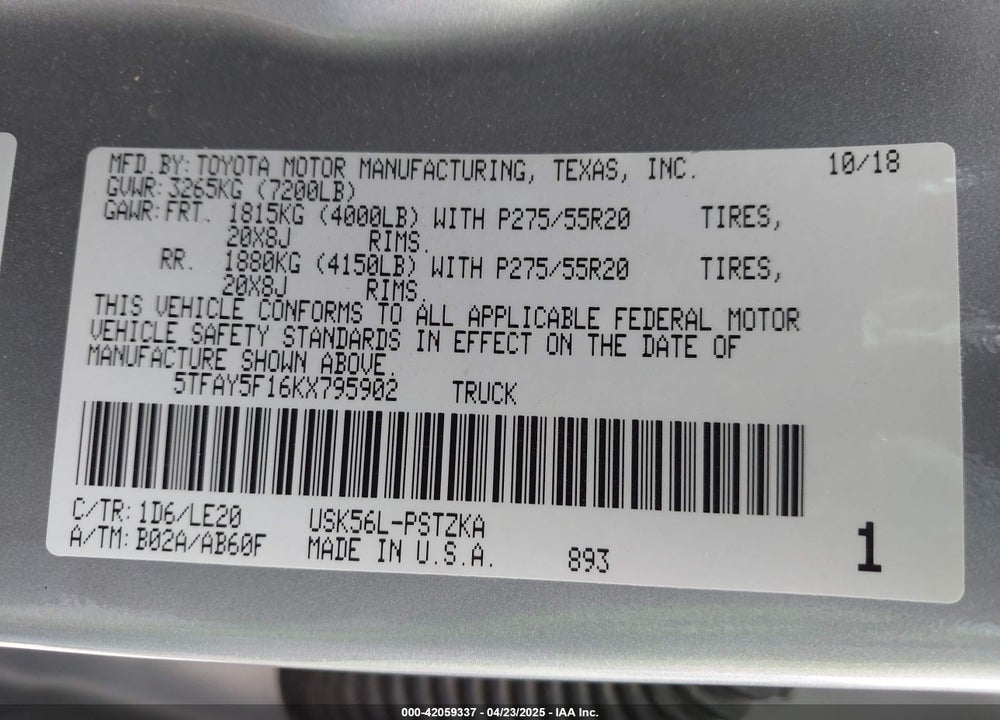 2019 TOYOTA TUNDRA PLATINUM 5.7L V8 VIN: 5TFAY5F16KX795902
