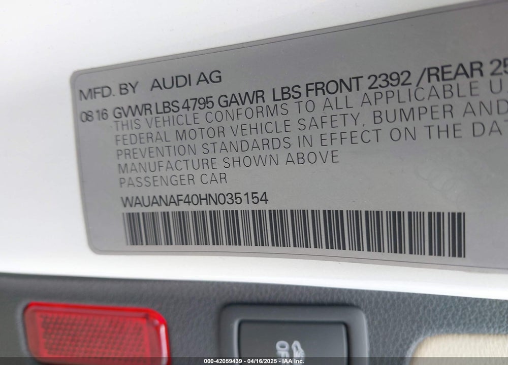 2017 AUDI A4 VIN: WAUANAF40HN035154