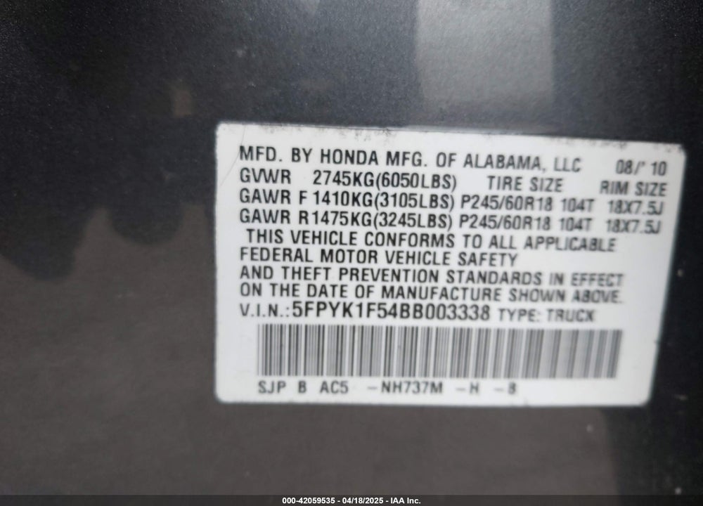 2011 HONDA RIDGELINE RTL VIN: 5FPYK1F54BB003338