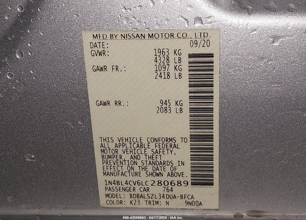 2020 NISSAN ALTIMA VIN: 1N4BL4CV6LC280689