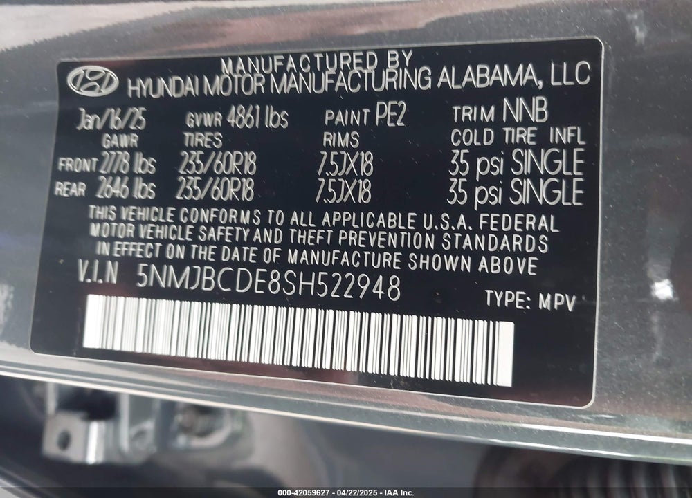 2025 HYUNDAI TUCSON SEL VIN: 5NMJBCDE8SH522948