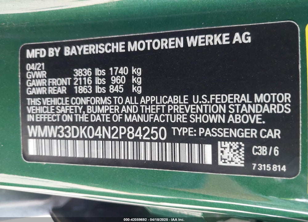 2022 MINI HARDTOP 4 DOOR VIN: WMW33DK04N2P84250
