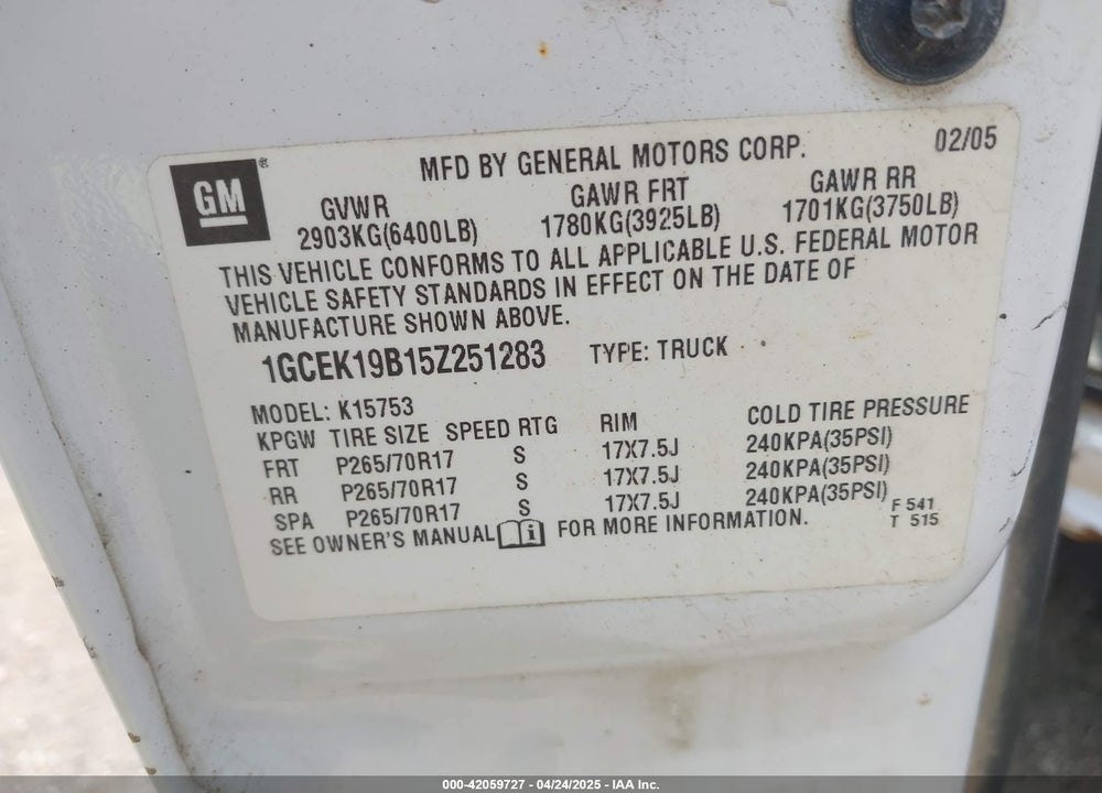 2005 CHEVROLET SILVERADO 1500 WORK TRUCK VIN: 1GCEK19B15Z251283