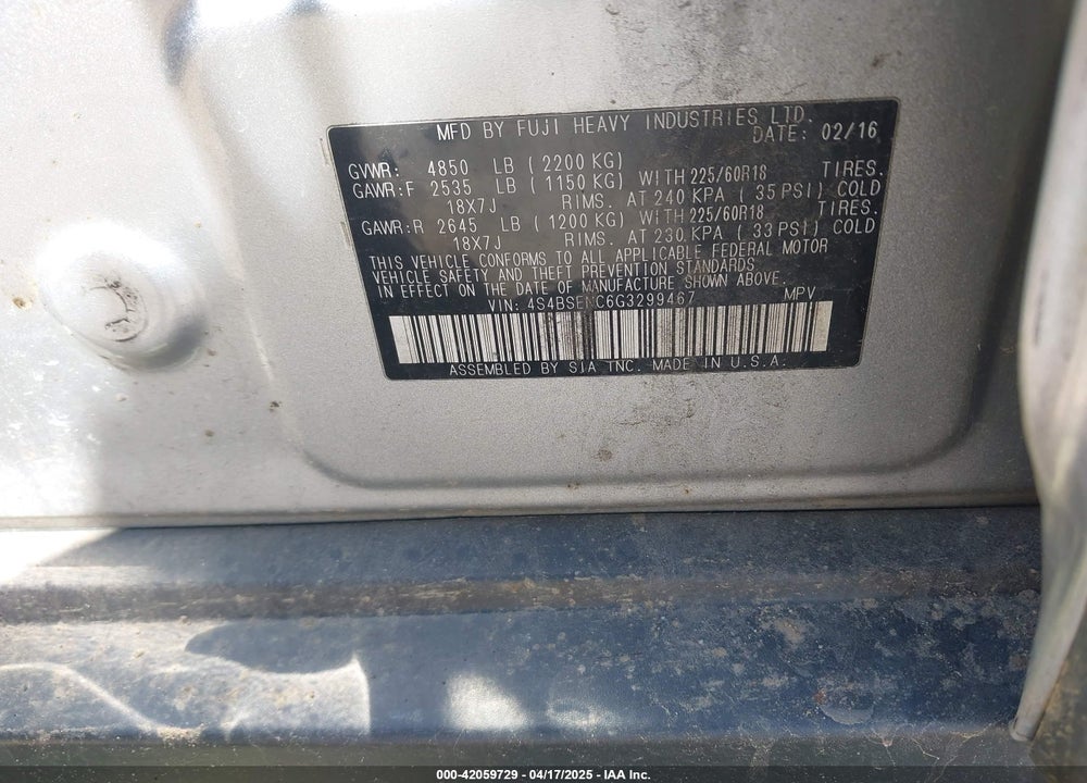 2016 SUBARU OUTBACK VIN: 4S4BSENC6G3299467