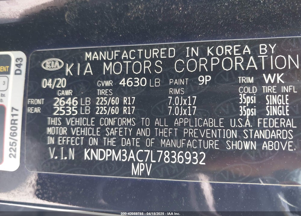 2020 KIA SPORTAGE VIN: KNDPM3AC7L7836932