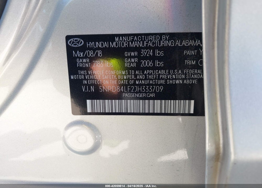 2018 HYUNDAI ELANTRA VIN: 5NPD84LF2JH333709