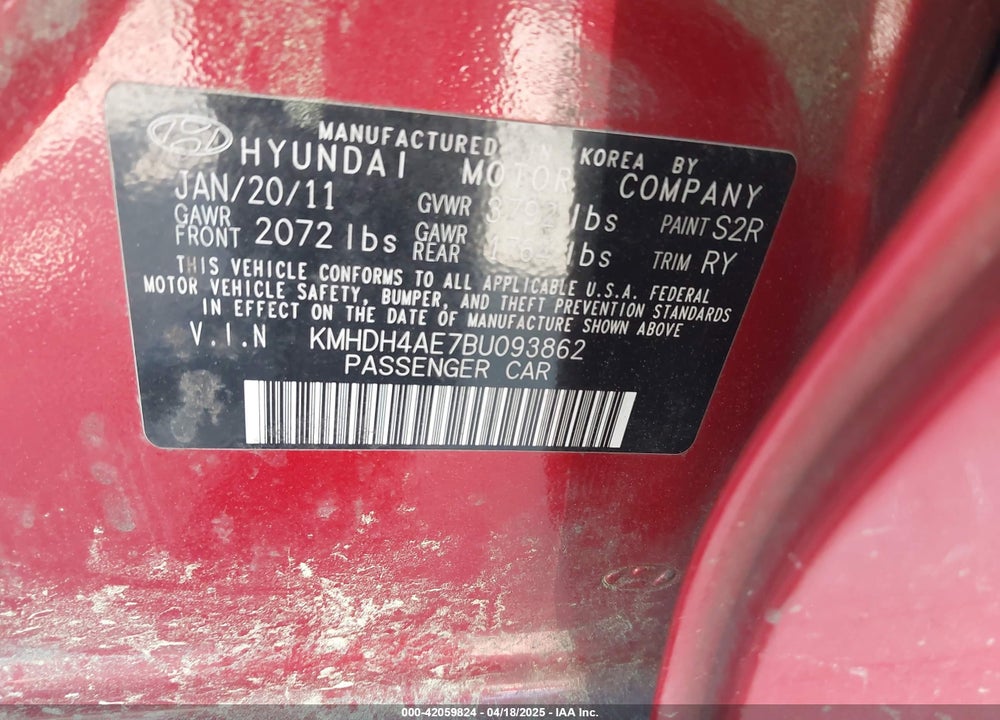 2011 HYUNDAI ELANTRA VIN: KMHDH4AE7BU093862