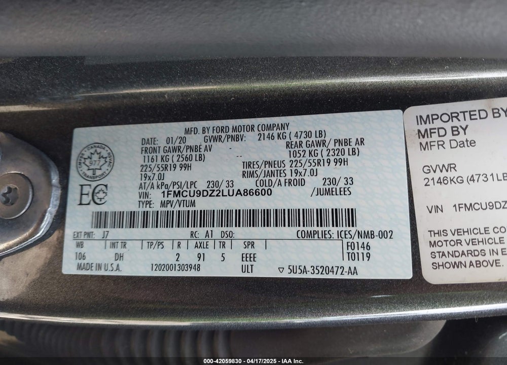 2020 FORD ESCAPE VIN: 1FMCU9DZ2LUA86600