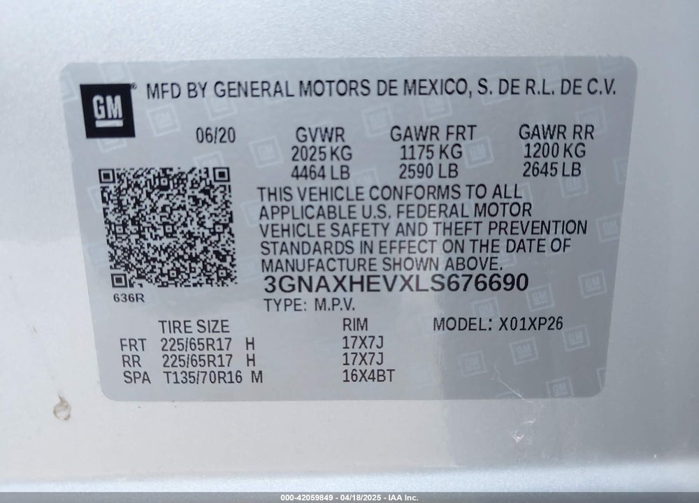 2020 CHEVROLET EQUINOX VIN: 3GNAXHEVXLS676690