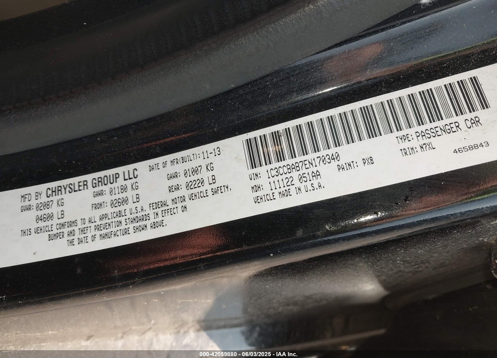 2014 CHRYSLER 200 VIN: 1C3CCBAB7EN170340