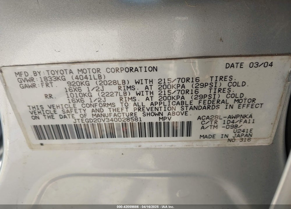 2004 TOYOTA RAV4 VIN: JTEGD20V340028581