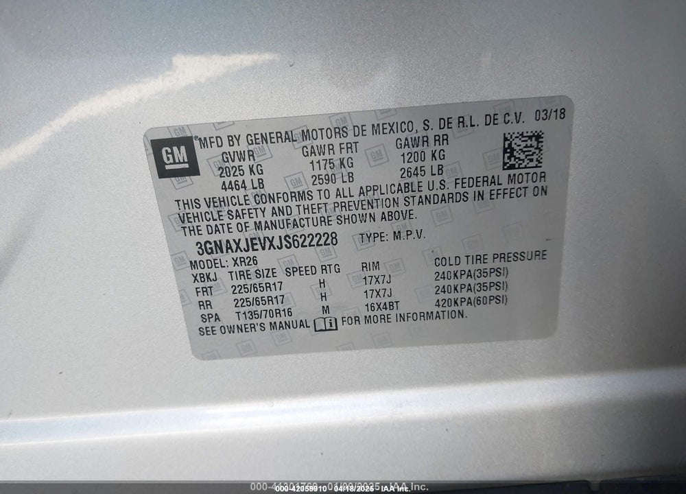 2018 CHEVROLET EQUINOX VIN: 3GNAXJEVXJS622228