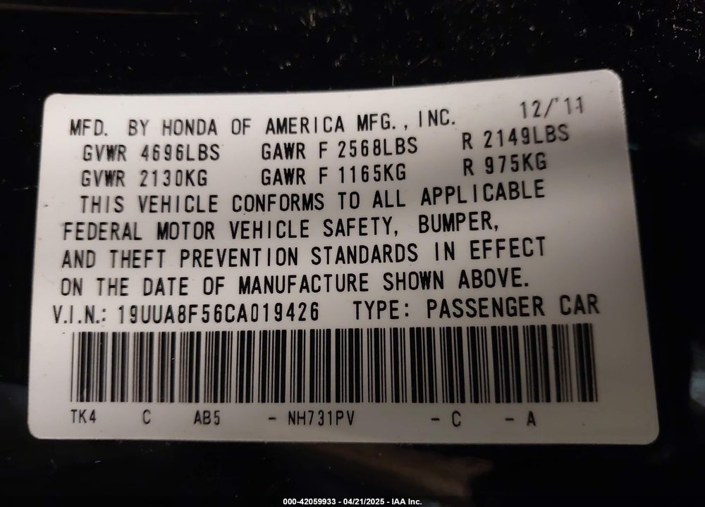 2012 ACURA TL 3.5 VIN: 19UUA8F56CA019426