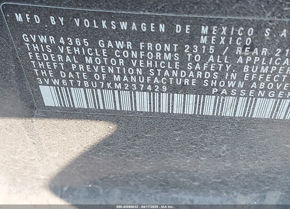 2019 VOLKSWAGEN JETTA GLI 2.0T 35TH ANNIVERSARY EDITION/2.0T AUTOBAHN/2.0T S VIN: 3VW6T7BU7KM237429